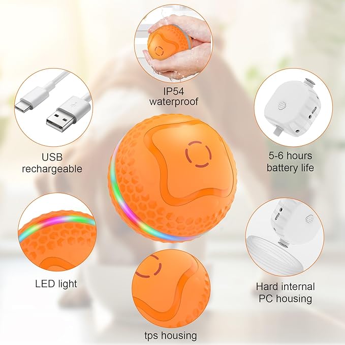 Interactive Dog Toys Ball, Automatic Rolling Balls Toy, Lively pet Ball for Medium/Large Dogs to Relieve Boredom, Activated Automatic Motion Dog Balls Toy with LED Flash, USB Rechargeable