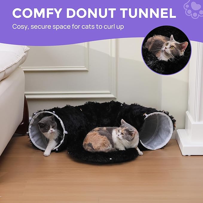 Plush Cat Tunnel Bed for Indoor Cats with Soft Cushion, Multi-Shape Play Cave with Hanging Balls, Large and Foldable Cat Donut Tunnel for Small and Large Pets (Black)