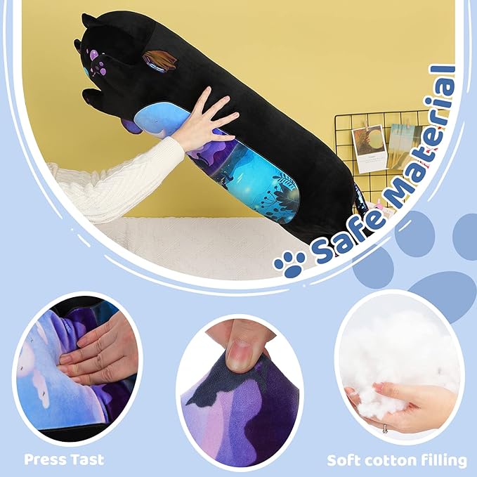 AIXINI Long Cat Plush Pillow Cartoon Cute Black Cat Stuffed Animals, Soft Kawaii Kitten Plushies Pillow Toy for Kids (Moonlight Black,35.4inch)