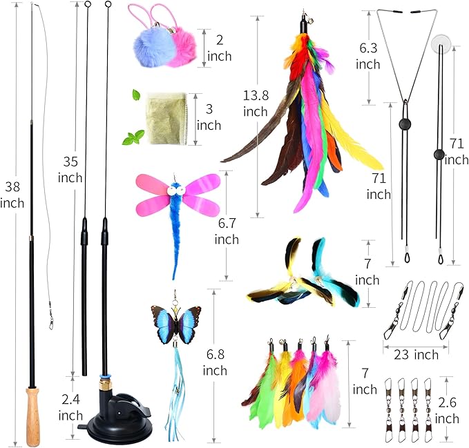 4-in-1 Interactive Cat Toys Set with 12 Pcs Replacements for Indoor Cats (Includes 1 Huge Feather)- Cat Fishing Pole Toy with Wooden Handle, Enhanced Suction Cup, Hanging Door Kitten Toys