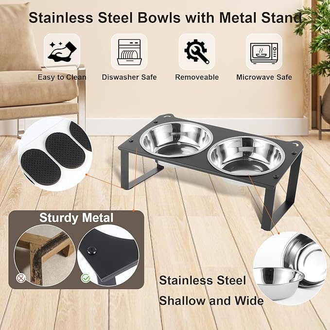 3 Set Elevated Cat Food Water Bowls, 6 Stainless Steel Bowls for Indoor Pet with Cute Metal Stand, 10° Tilted Anti-Vomiting Raised Wide Shallow Cat Dishes Whisker Friendly for Multiple Kitten,Puppy