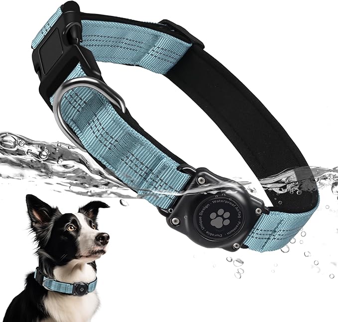Upgraded AirTag Dog Collar, IP68 Waterproof Air Tag Dog Collar Holder, Reflective, Ultra-Durable, Comfortable Padded, Heavy Duty Dog Collars for Small Medium Large Dogs (L (14.8"-20.3"), LightBlue)