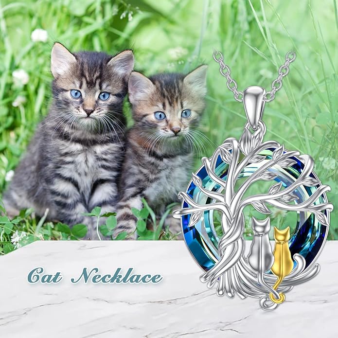 TOUPOP Cat Gifts for Cat Lovers Sterling Silver Cute Cat Tree of Life Pendant Necklace with Blue Circle Crystal Birthday Christmas Jewelry Gifts for Women