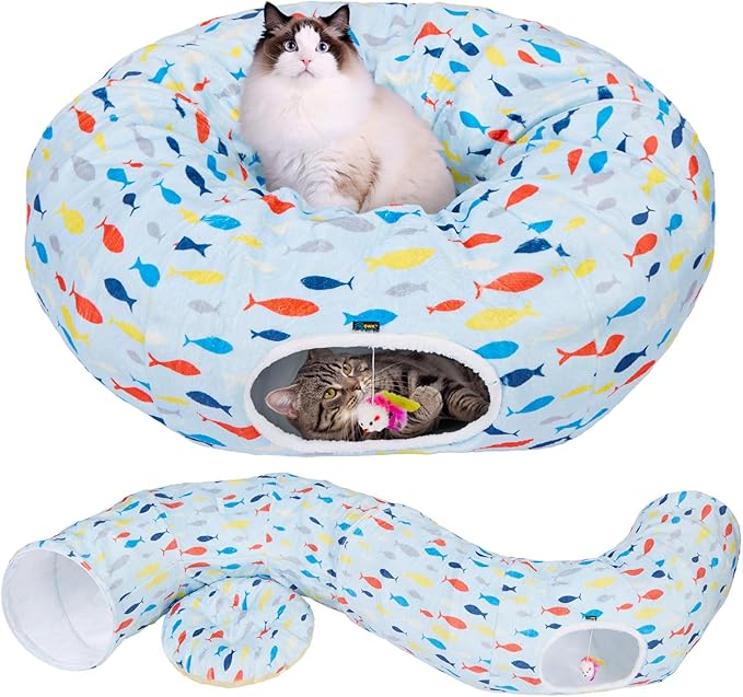 Ownpets Large Cat Tunnel Bed for for All Seasons, Soft Cat Donut Tunnel with Washable Cushion, Round Pet Pet Play Tunnel Toy for Kitten, Puppy, Rabbit, Blue