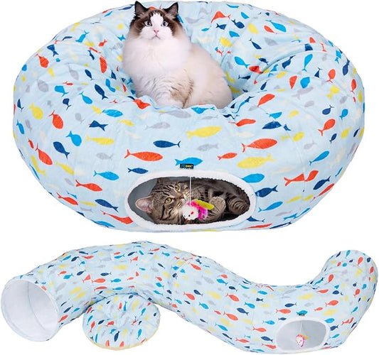 Ownpets Large Cat Tunnel Bed for for All Seasons, Soft Cat Donut Tunnel with Washable Cushion, Round Pet Pet Play Tunnel Toy for Kitten, Puppy, Rabbit, Blue