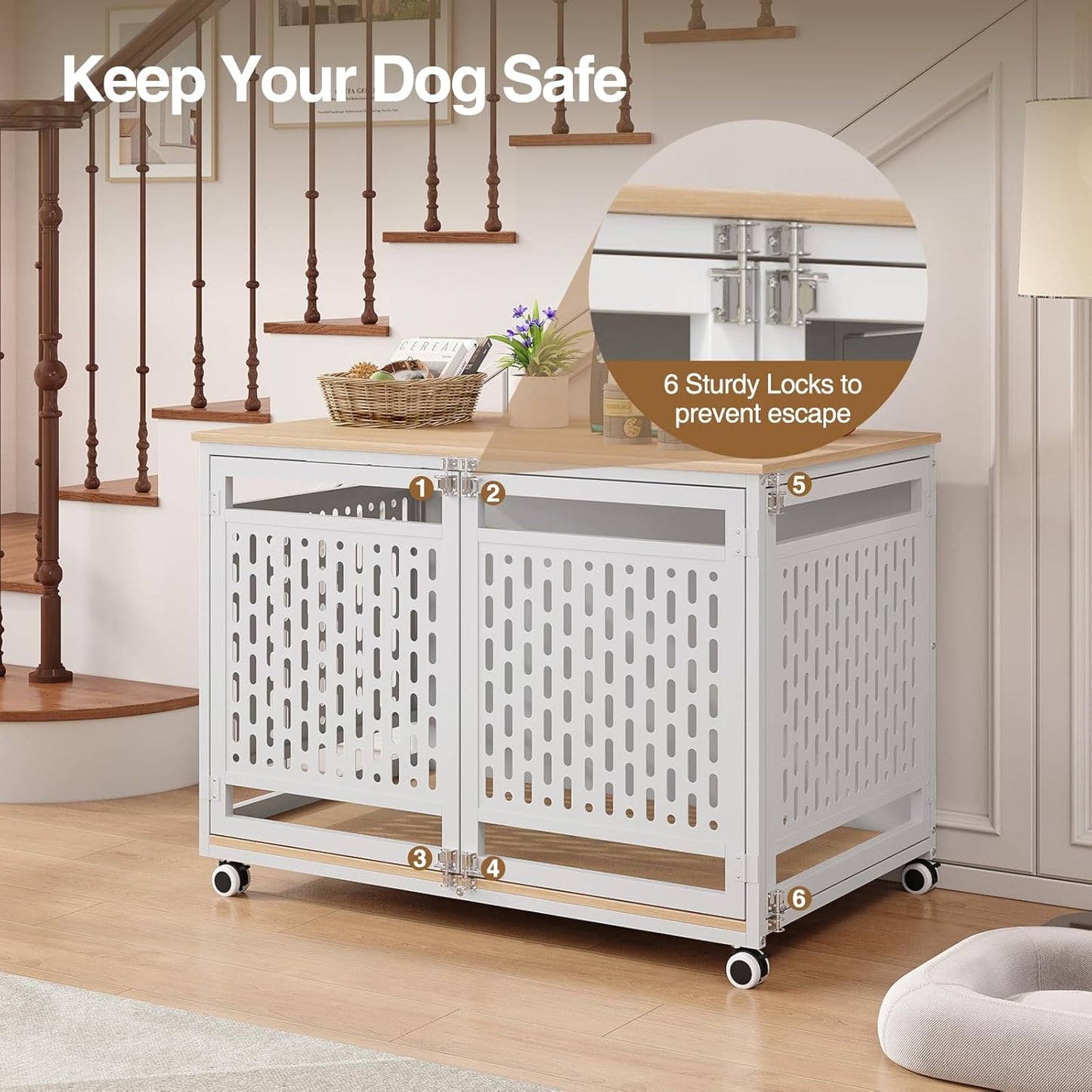 40.1" Dog Crate Furniture for Medium/Large Breed, Dog Kennel Furniture with Wheels, Heavy Duty Wooden End Side Table Pet Cage Indoor, Chew-Resistant, White