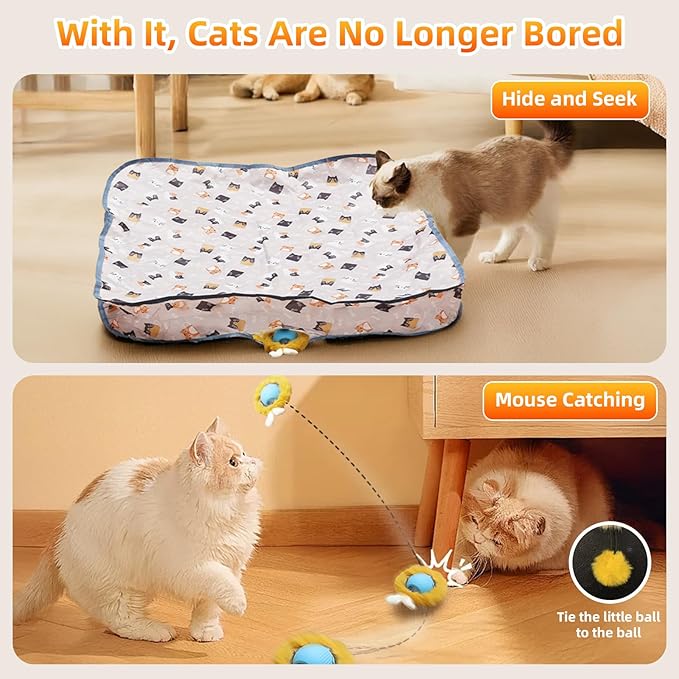 Interactive Cat Toy Ball, Automatic Moving Cat Ball in Pouch,Interactive Cat Toys for Indoor Cats,Motion Activate Cat Toy Hide and Seek Mouse Catching Game ,Kitten Toys, Play Mat for Cats(Square）