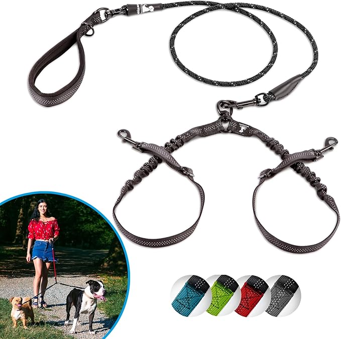 SparklyPets Dual Dog Leash for 2 Small Dogs – Tangle Free Rope Bungee Double Leash for Two Breeds with Adjustable Couplers & Soft Handle (Black, Small)