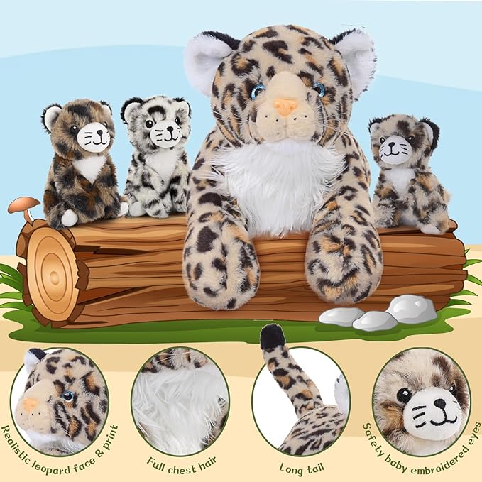 MorisMos Cheetah Stuffed Animal with Babies for Girl Kid,18'' Large Mommy Cheetah with Cub Plushies,Mama and Baby Leopard Stuffed Animal Plush Toys,Realistic Leopard Toy Gifts for Birthday Party Decor