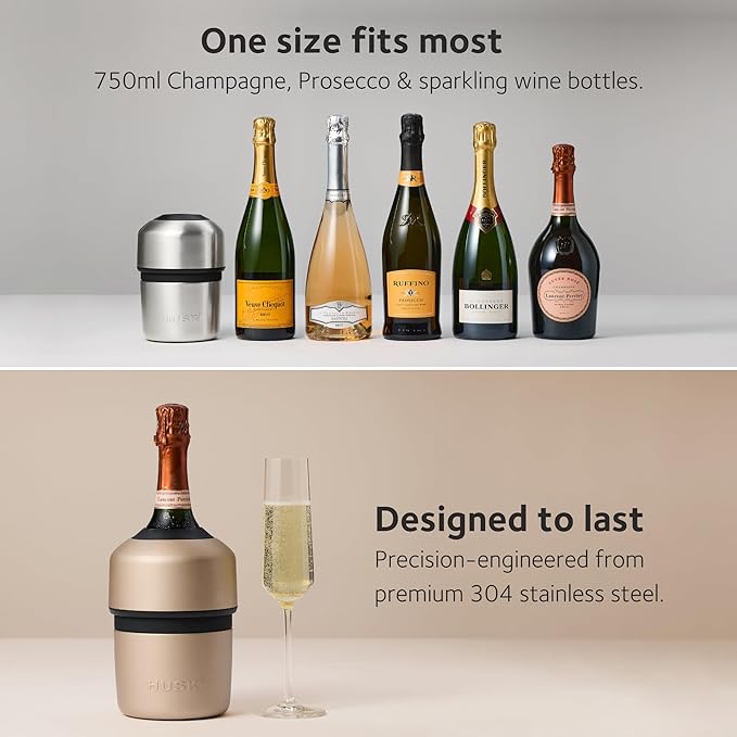 Huski Champagne Chiller | NEW | Award-Winning Iceless Design with Detachable Bottle Stopper | Keeps Wine Cold up to 6 Hours | Fits most 750ml Champagne, Prosecco & Sparkling Wine Bottles (Powder Pink)