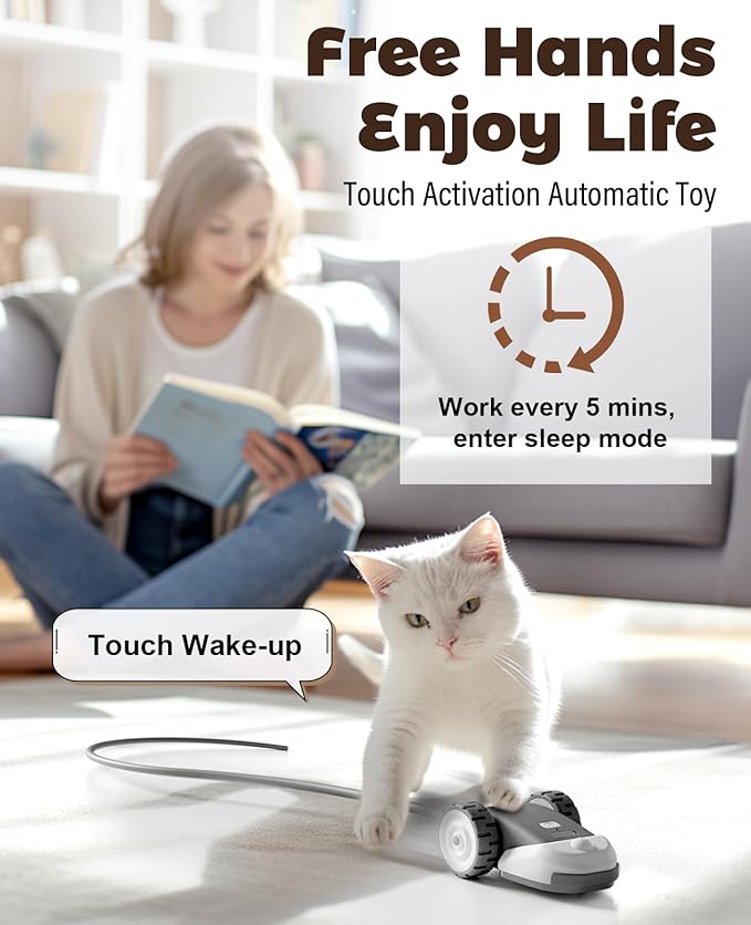 CYROS 3-in-1 Interactive Cat Toy - 2-Speed Automatic Moving Mouse Cat Toys Self Play with 2pcs Hanging Feather String Ribbon and Wiggly Silicone Mice Tail for Bored Indoor Adult Cats Kittens
