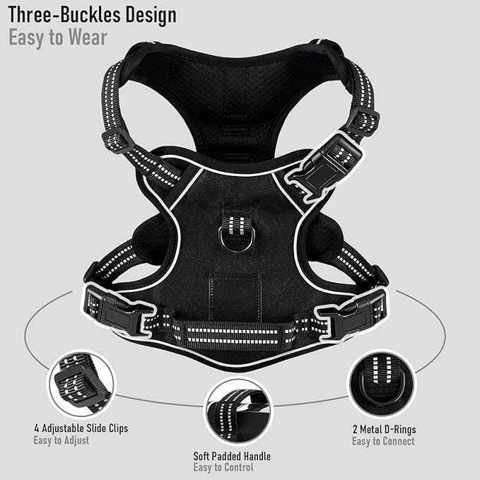 No Pull Dog Harness for Large Dogs, Golden Retriever, Labrador, German Shepherd etc, Easy to Put On and Take Off, Reflective, No Choke, Adjustable and Padded Pet Vest Harness, Black, L