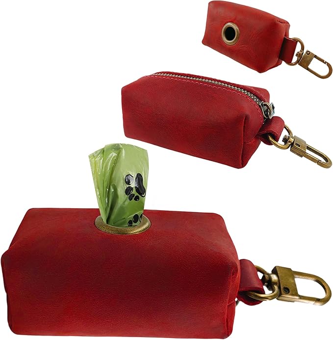 HIFA Genuine Leather Dog Waste Holder - Soft Touch Rustic Leather, Metal Clips and Easy Access to Pet Waste Bags - Dog Poop Bag Dispenser for Outdoor Walking
