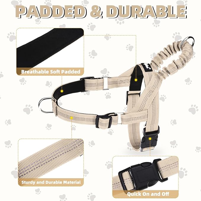 PUPTECK No Pull Dog Harness Medium Sized Dog, Adjustable Reflective Pet Vest Harness with Bungee Handle, Escape Proof No Choke Harness for Medium Dogs Walking Training, Beige M