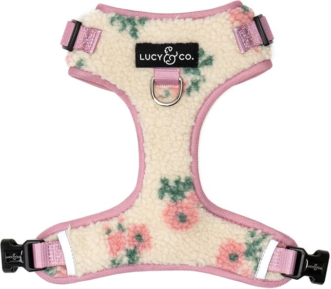 Lucy & Co. The Bolt of Lightning No-Pull Dog Harness for Dogs – Vest to Stop Pulling & Walk Easy – Comfortable Leash Training Product w/Adjustable Chest & Neck Straps - Cream Pink Floral Teddy - Large
