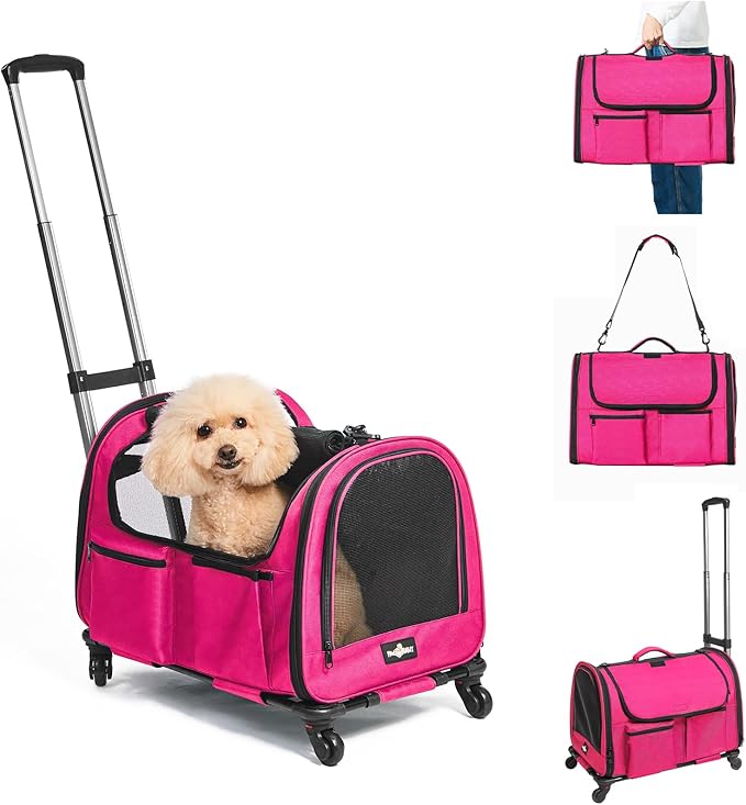 Large Pet Carrier with Wheels, Foldable Rolling Dog Carrier with Big Pocket, Cat Rolling Bag 21"x13"x13"for 2 Cats &Dogs, Use for Travel, Outdoor, Vet Visits, Camping, Indoor. Pink