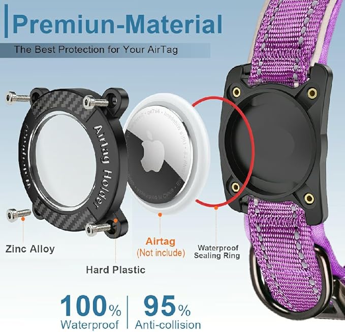 Upgraded AirTag Dog Collar, IP68 Waterproof Dog Collar with Apple Air Tag Holder, Reflective Adjustable Heavy Duty Dog Collars with Soft Padded for Small, Medium and Large Dogs,Purple, XL