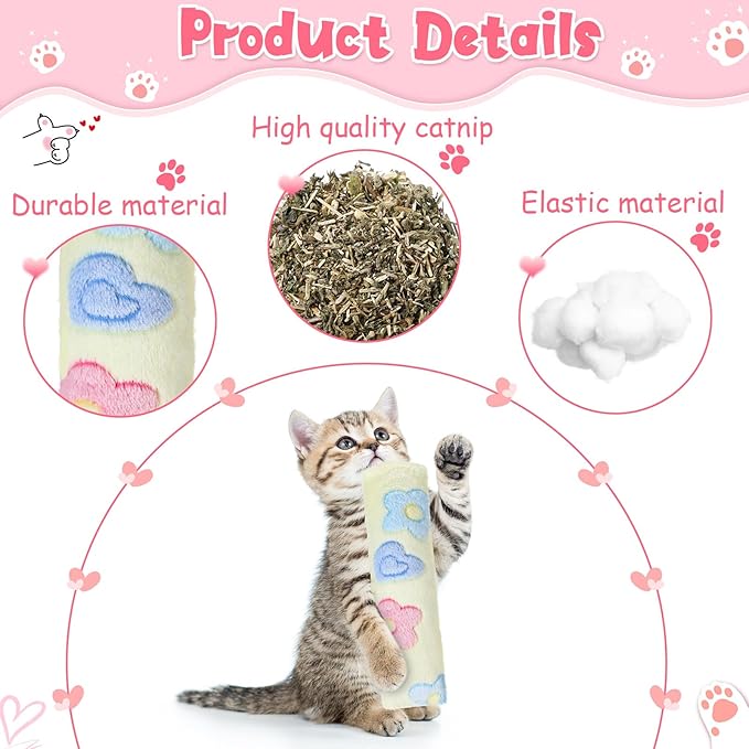 Civaner 6 Pcs 10.6 Inch Cat Catnip Toys Interactive Kitten Kicker Toy Soft Plush Cat Pillow Sticks Kitten Chasing Chewing Exercising Catnip Toy Indoor(Pink,Green,Yellow,Flower)