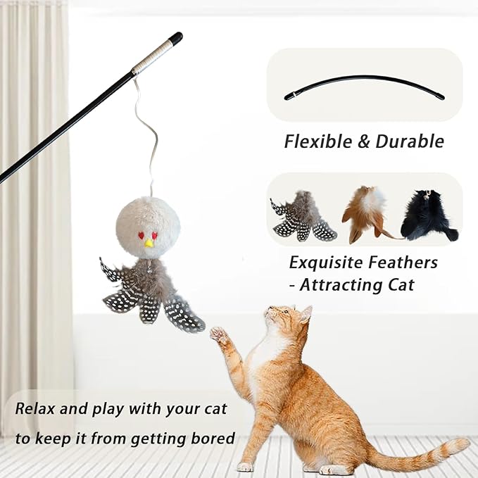 3 PCS Cat Wand Feather Toy, Cat Teaser Sticks with Catnip & Bell Interactive Plush Ball Cats Toys for Indoor Play Chase Exercise with Kittens