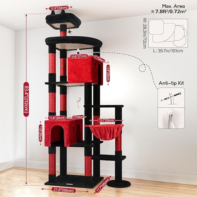 Globlazer Gothic Giant Cat Tree, 83 inch Goth Cat Tree for Indoor Cats Large Adult, XXL Cat Tower with 9 Scratching Posts for 20lb+ Heavy Duty Large Adult Cats, F83, Blood-Goth