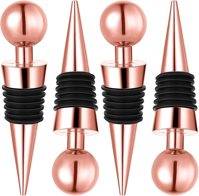 4 Pcs Rose Gold Wine Stoppers Cork Wine Bottle Stoppers for Beverage, Reusable Silicone Vacuum Wine Bottle Corks Stainless Steel Wine Stopper for Glass Bottles Party Wedding Bar
