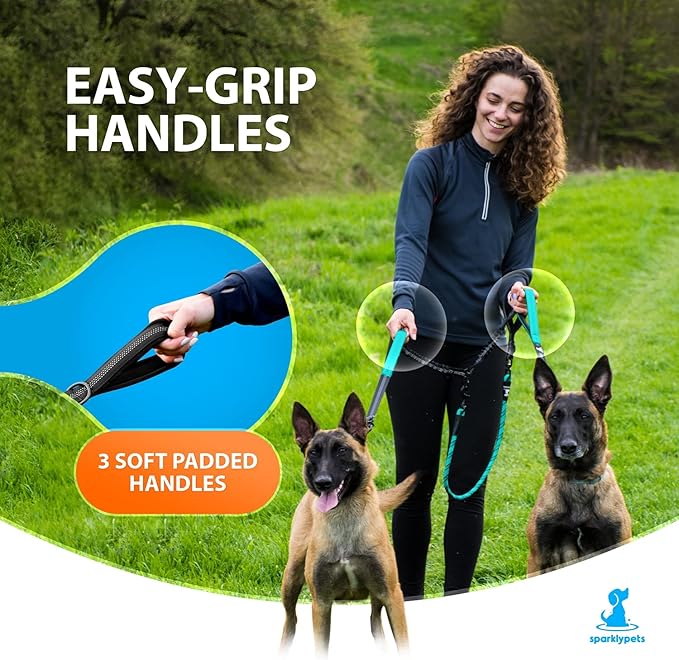 SparklyPets Double Dog Leash for 2 Dogs – Rope Bungee Dual Leash for Medium and Large Breeds with Padded Handles & Tangle Free (Teal, Medium/Large)