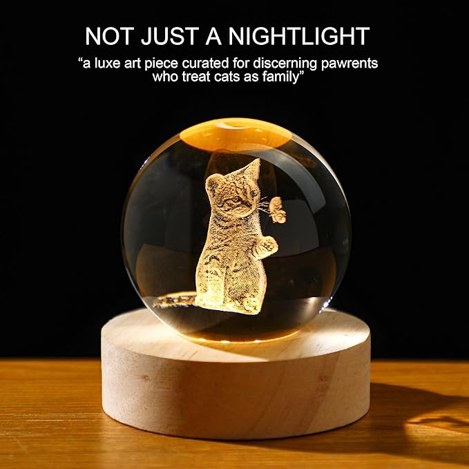 YU FENG 3D Carved Cat Crystal Ball with Warm White Light Base 2.36 Inch