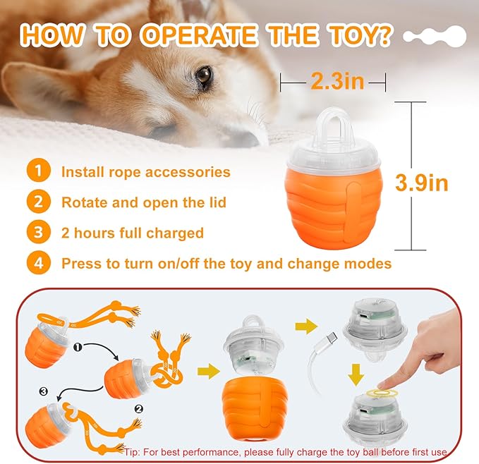 Interactive Dog Toys, [2025 Newly Upgraded] Interactive Dog Ball for Medium/Large Dogs, Automatic Moving Dogs Toy Wicked Ball for Boredom & Training, Play Music, USB Rechargeable(Orange)