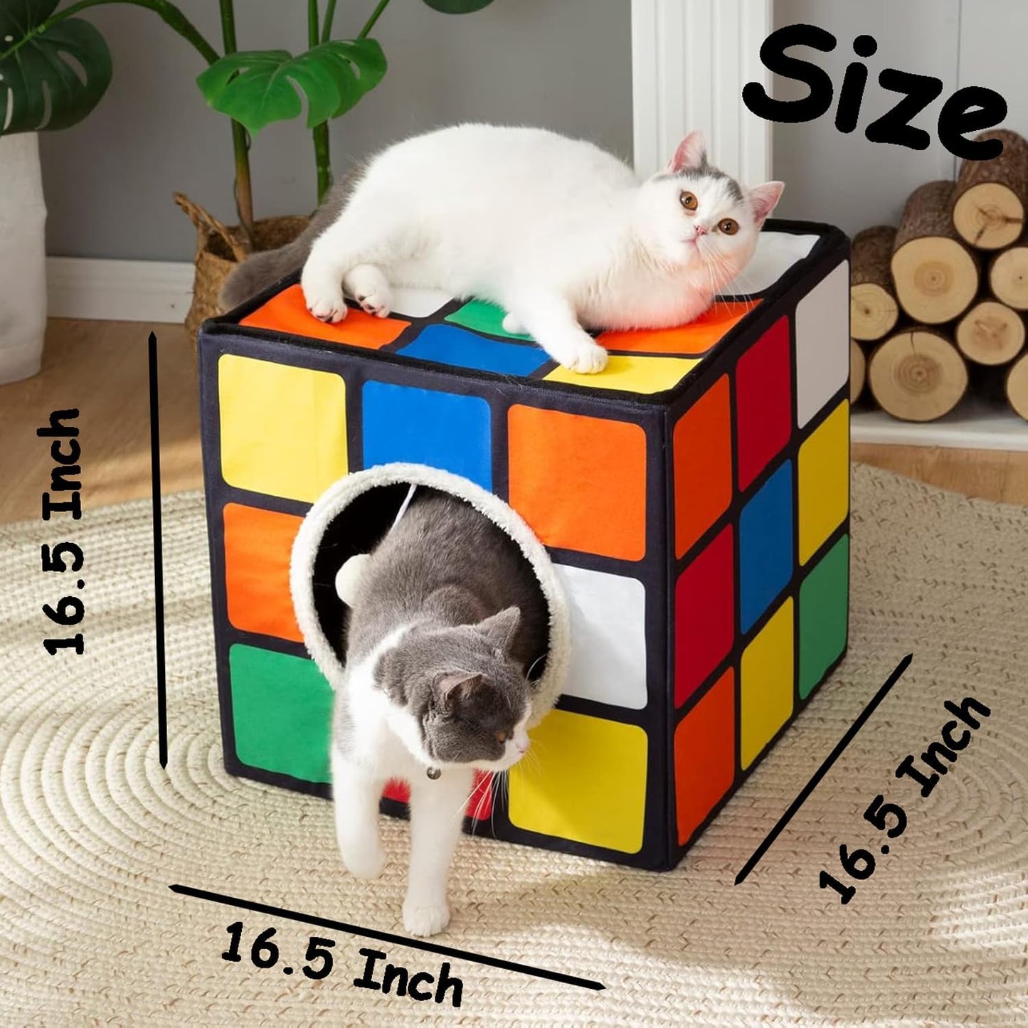 LUCKITTY Cat Condo House with Reversible Cushions and Fluffy Ball Hanging, Foldable Magic Cube, Large Cave Bed for Indoor Cats, Unique Puzzle Shape Lagre 16.5“ x 16.5" x 16.5”