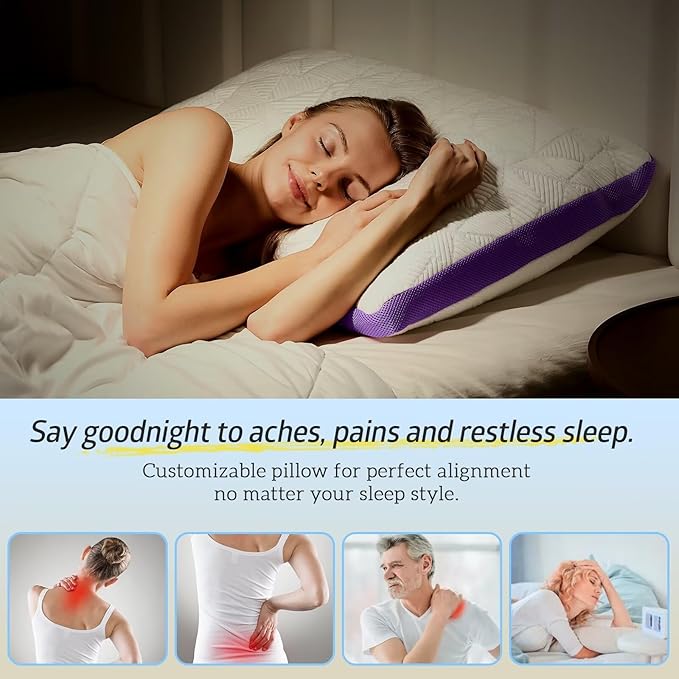 BETU Cooling King Pillow, Shredded Memory Foam Cool Pillow for Hot Sleepers, Adjustable Firm Soft Support Bed Pillows Perfect for Back Neck Pain and Side Sleeping with Pillow Case Cover, Purple