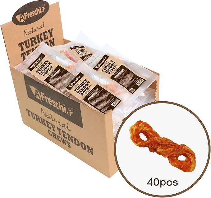 AFreschi Turkey Tendons for Dogs, USA-Sourced, Healthy Dog Treats, Rawhide-Free Puppy Chews, Long Lasting, All Natural, Hypoallergenic Dog Treats for Small Breeds, 40 Count Box Rope (S)