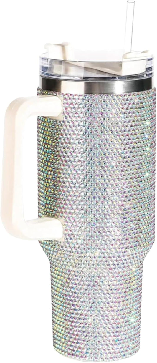 Lashicorn Silver Rhinestone 40 oz. Tumbler with Handle and Straw Lid Bling Tall Jewel Cup Gift White Insulated