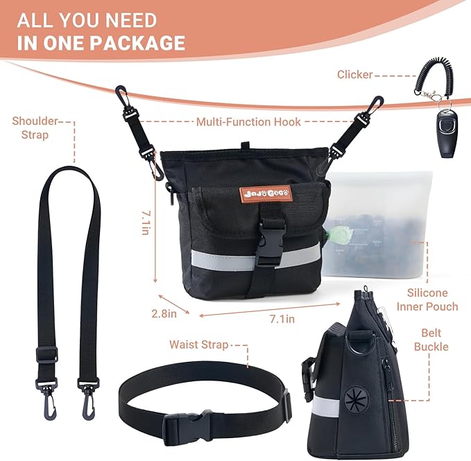 JOJOGOGO Dog Treat Pouch with 4 Cup Removalbe Silicone Bag, Magnetic Closure Treat Pouches for Pet Training and Walking, Dog Training Treat Pouch with Clicker, Puppy Snack Bag and Poop Bag Holder