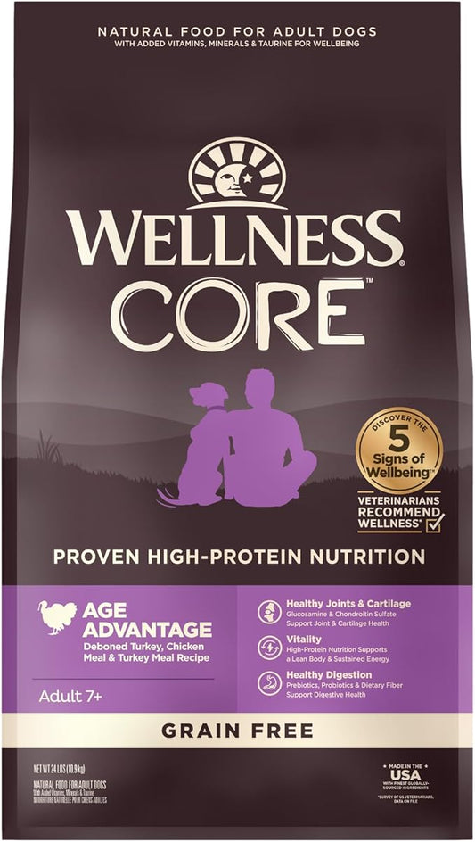 Wellness CORE Senior Dry Dog Food, Grain-Free, High Protein, Natural, Age Advantage Turkey & Chicken Recipe, (24-Pound Bag)