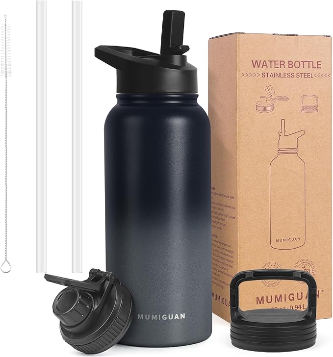 32oz Insulated Water Bottle with 3 Lids(Straw, Hand and Spout Lid), Double Vacuum Stainless Steel Metal Water Flask(BPA-free, CPC) for Sports, Camping, Hiking, Cycling, Fitness and more(Black Grey)