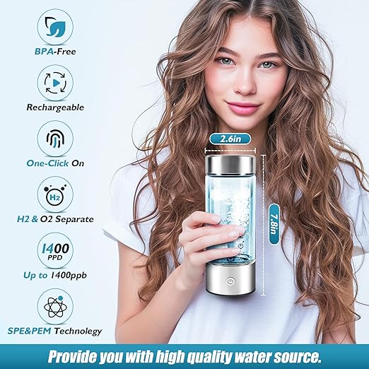 Hydrogen Water Bottle, Hydrogen Water Bottle Generator 3rd gen, Quick Electrolysis of 2000PPB Alkaline Hydrogen Water, Gift Packaging, silver, QSB001