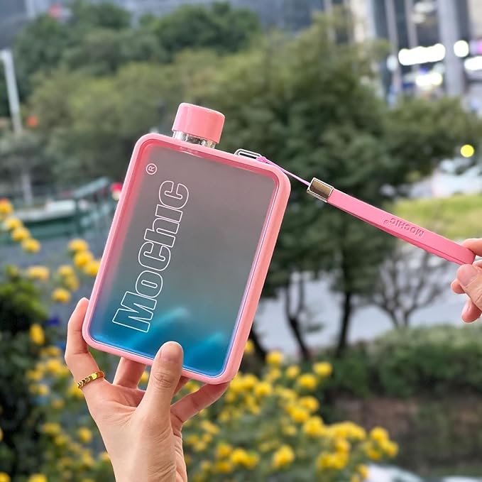 MOCHIC CUP Mochic 13oz Portable Water Flask Flat Water Bottle for Purse Mug BPA Free A5 Slim Square Water Bottle Flask Leak Proof Plastic Flask Bottle for Travel (Gradient Pink)