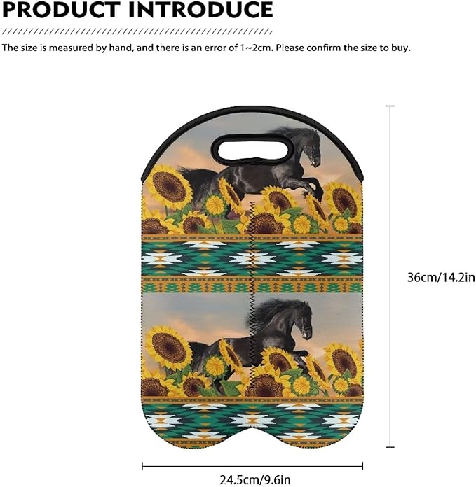 doginthehole Sunflower Horse Wine Bag Insulated Wine Tote Holders Aztec Print Wine Carriers Bag for Wine Beer Cans Water Portable Neoprene Wine Bottle Covers Protector 2 Bottle Wine Carrying Bag