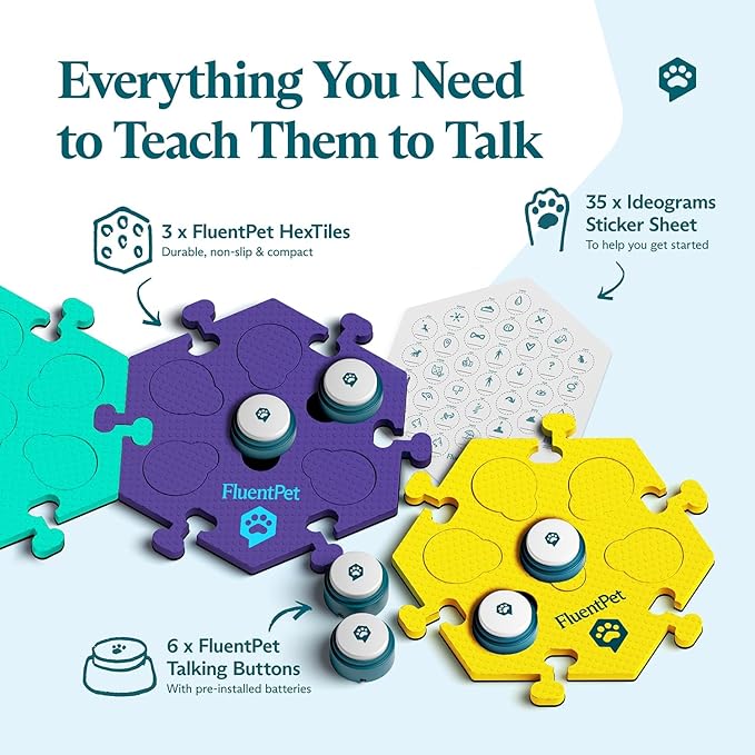 FluentPet Get Started Kit - Set of 6 Basic Buttons with Batteries Included for Dogs & Cats and 3 HexTiles - Customizable Cat & Dog Training Buttons for Communication - Talking Button Gift Set