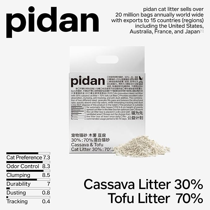 pidan Cassava Cat Litter with Tofu Litter 3:7 clumping,Odor Control,Plant-Based Natural Ingredients,Ultra Absorbent and Fast Drying,Low Dust,Scented (5.3lb/Bag×1bag)