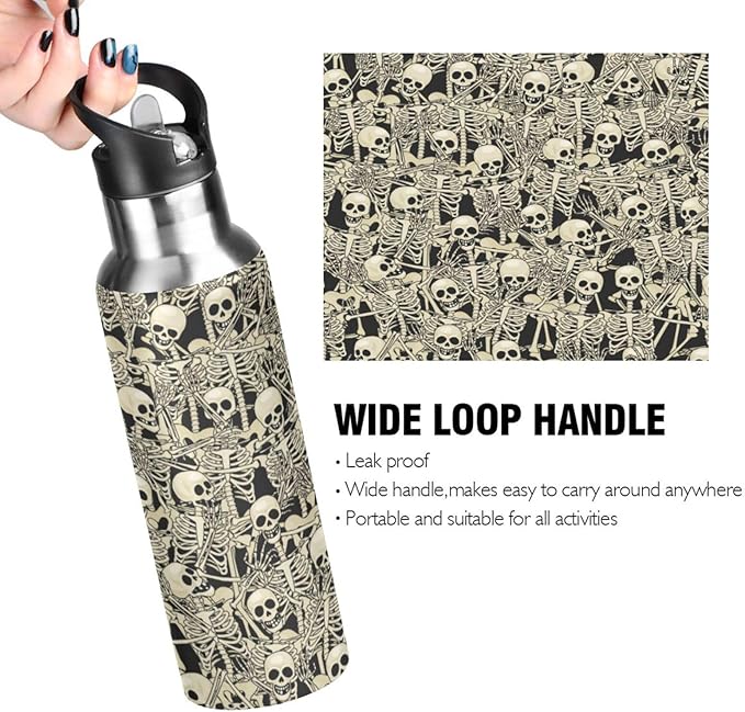 ALAZA Gothic Skull Skeleton Water Bottle With Straw Lids Boys Girls,Vacuum Insulated Leakproof Stainless-Steel Sports Bottle Thermal Flask For Gym Yoga Camping,20Oz (600Ml)