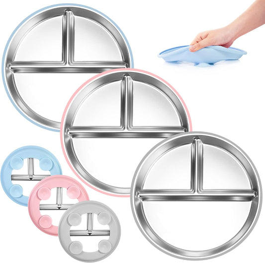 Stainless Steel Toddler Plates Silicone Suction,3 Packs Non-Slip Baby Plates,Divided Portion,Food-Grade Silicone Plate for Kids,LEAD-FREE Dishwasher Safe,Grey Mint Green Pink