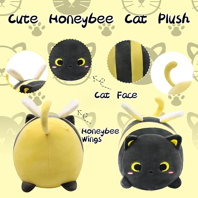 Bee Cat Plush Pillow, 8" Cute Cats Honeybee Stuffed Animals, Kawaii Cats Plushie, Soft Stuffed Bees Cat Plush Hugging Doll Toy for Kids Girls Boys Birthday Christmas