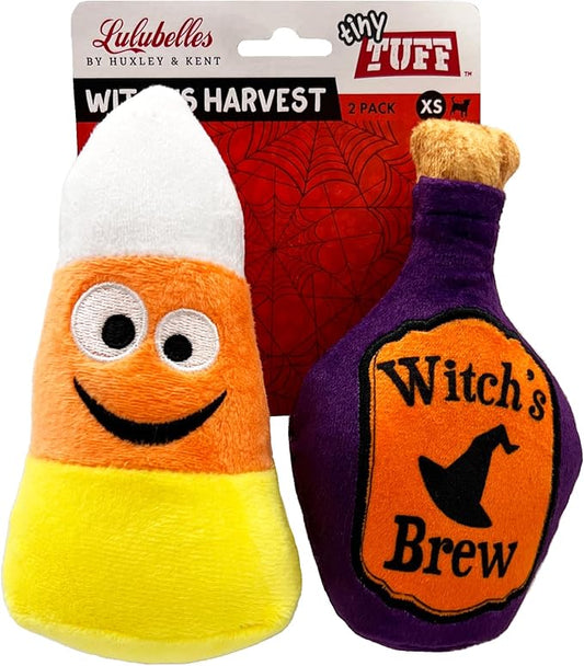 Huxley & Kent Halloween Funny Dog Toy w/Squeaker – Power Plush Squeaky Dog Toys for Small Dogs – Durable Small Stuffed Animal for Indoor Play & Fetch - Tiny Tuff Witch's Harvest 2pk