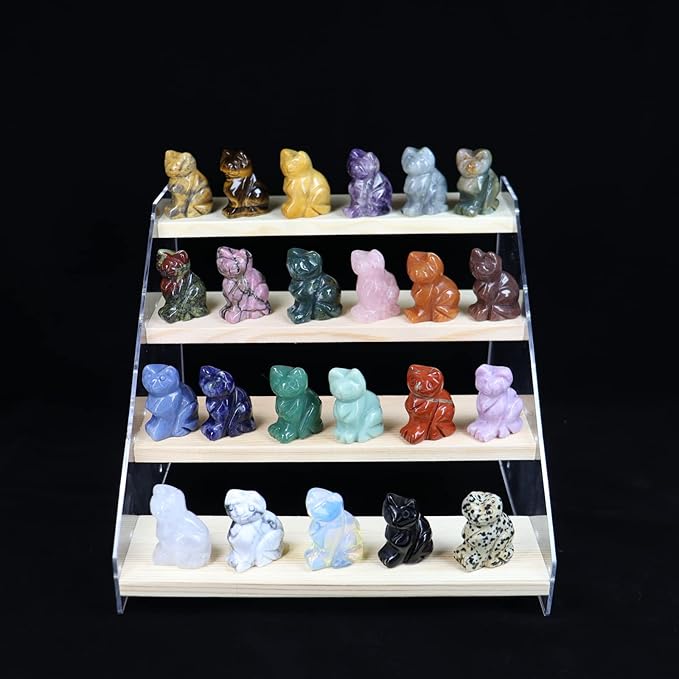 Gemstone Cat Figurine Mix 6PCS, Crystal Sitting Kitten Healing Carved Lucky Animal Carving for Home Decor 1.5''