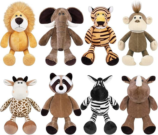 Elcoho 8 Pieces Safari Stuffed Animals Plush Jungle Animal Toys 9.8 Inch Zoo Stuffed Animals Set Cute Plush Toys for Animal Themed Parties Teacher Student Award