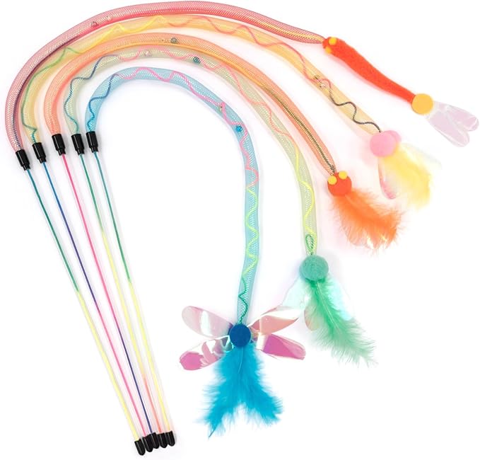 SONGWAY Cat Rainbow Wand Toy - Rainbow Cat Feather Toys with Bells, Colorful Mesh Teaser Wand with Feather Tail, Interactive Toys for Indoor Cats Kittens, Mixed Colors