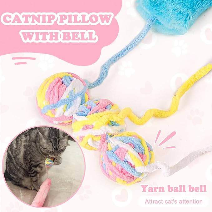 Cat Toy Pillows 3 Pack, Long Catnip Cat Kicker Toys, for Indoor Cats, Interactive Kitten Toys with Bell 14.6in/37cm