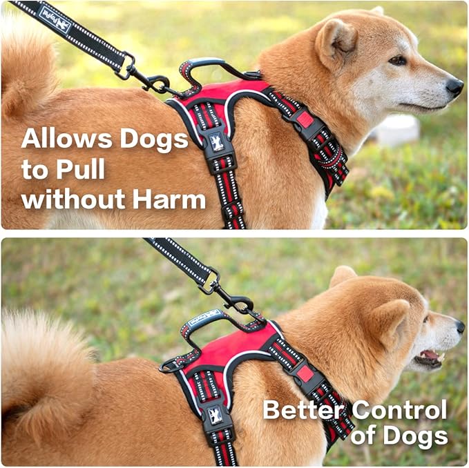 PoyPet No Pull Dog Harness, No Choke Front Clip Reflective Dog Vest with Soft Padded Vertical Handle, 3 Leash Attachments for Small Medium Large Dogs (Red,XL)