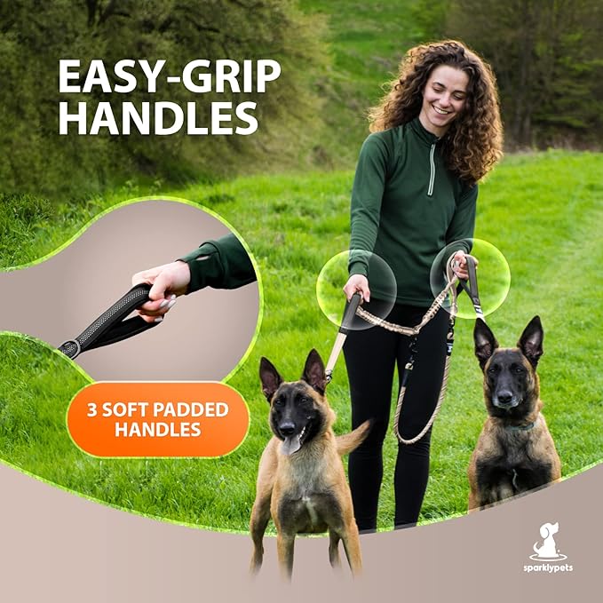 SparklyPets Double Dog Leash for 2 Dogs – Rope Bungee Dual Leash for Medium and Large Breeds with Padded Handles & Tangle Free (Brown, Medium/Large)